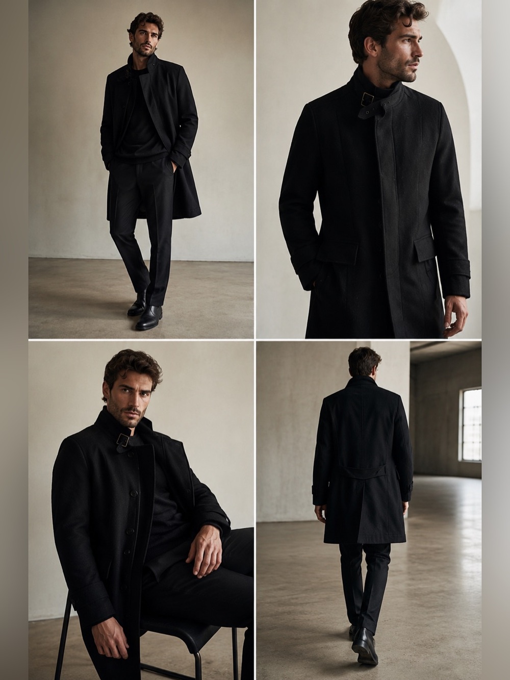 Reiss men's black asymmetrical funnel-neck/stand-collar wool blend coat. Small